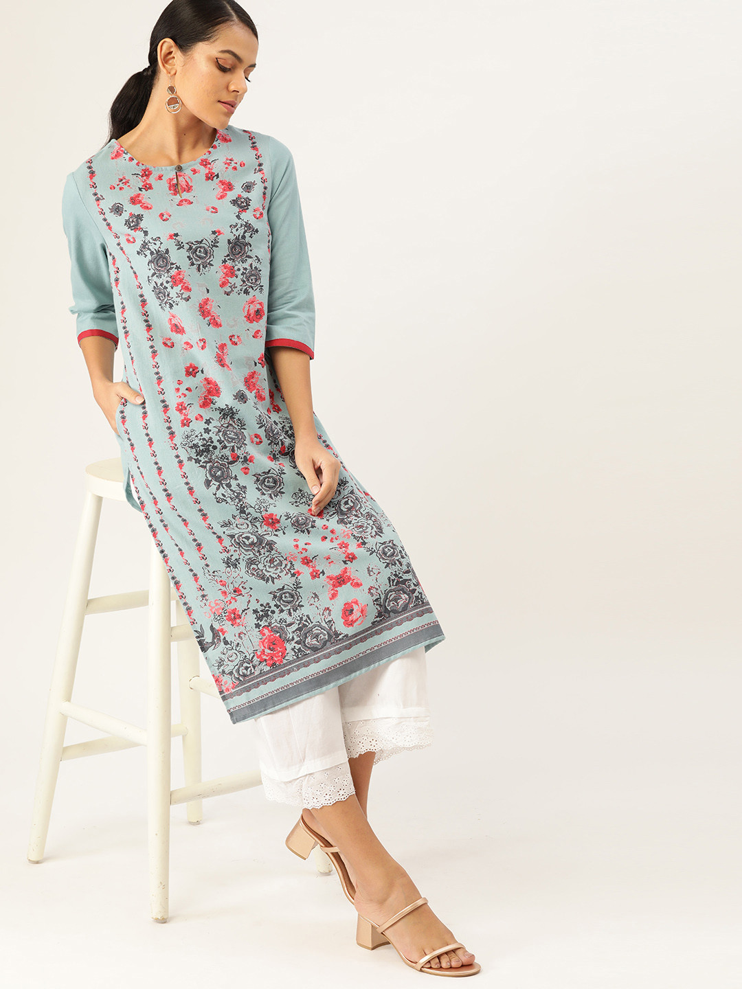 

Anouk Women Blue & Coral Red Pure Cotton Floral Printed Keyhole Neck Straight Kurta