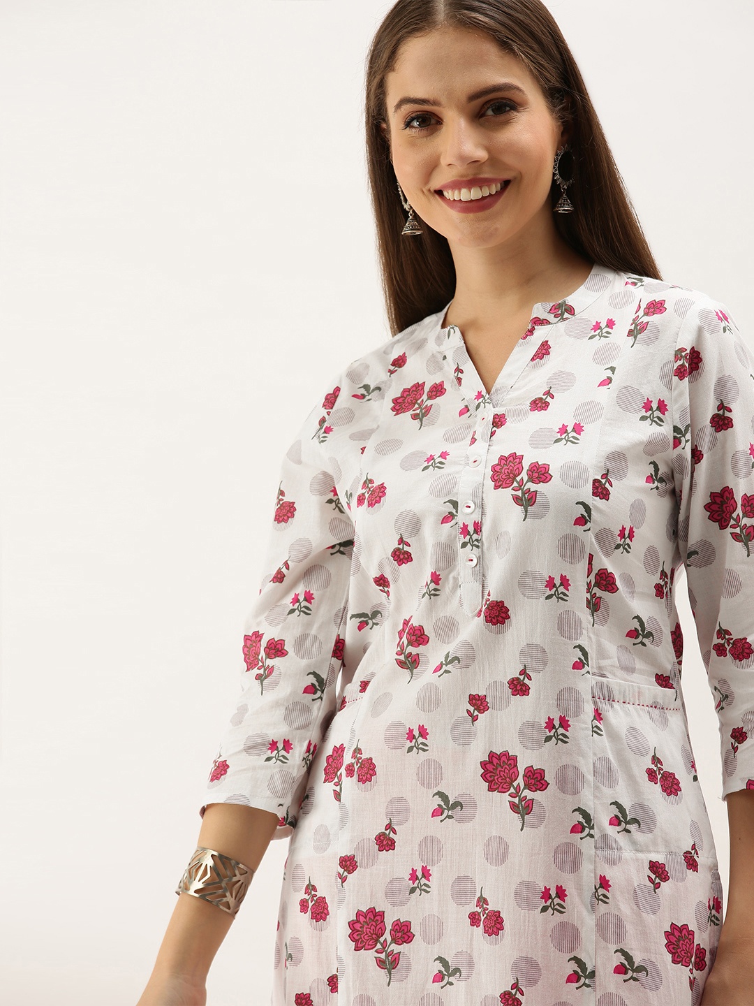 

Anouk Women White & Pink Floral Print Pure Cotton Kurta