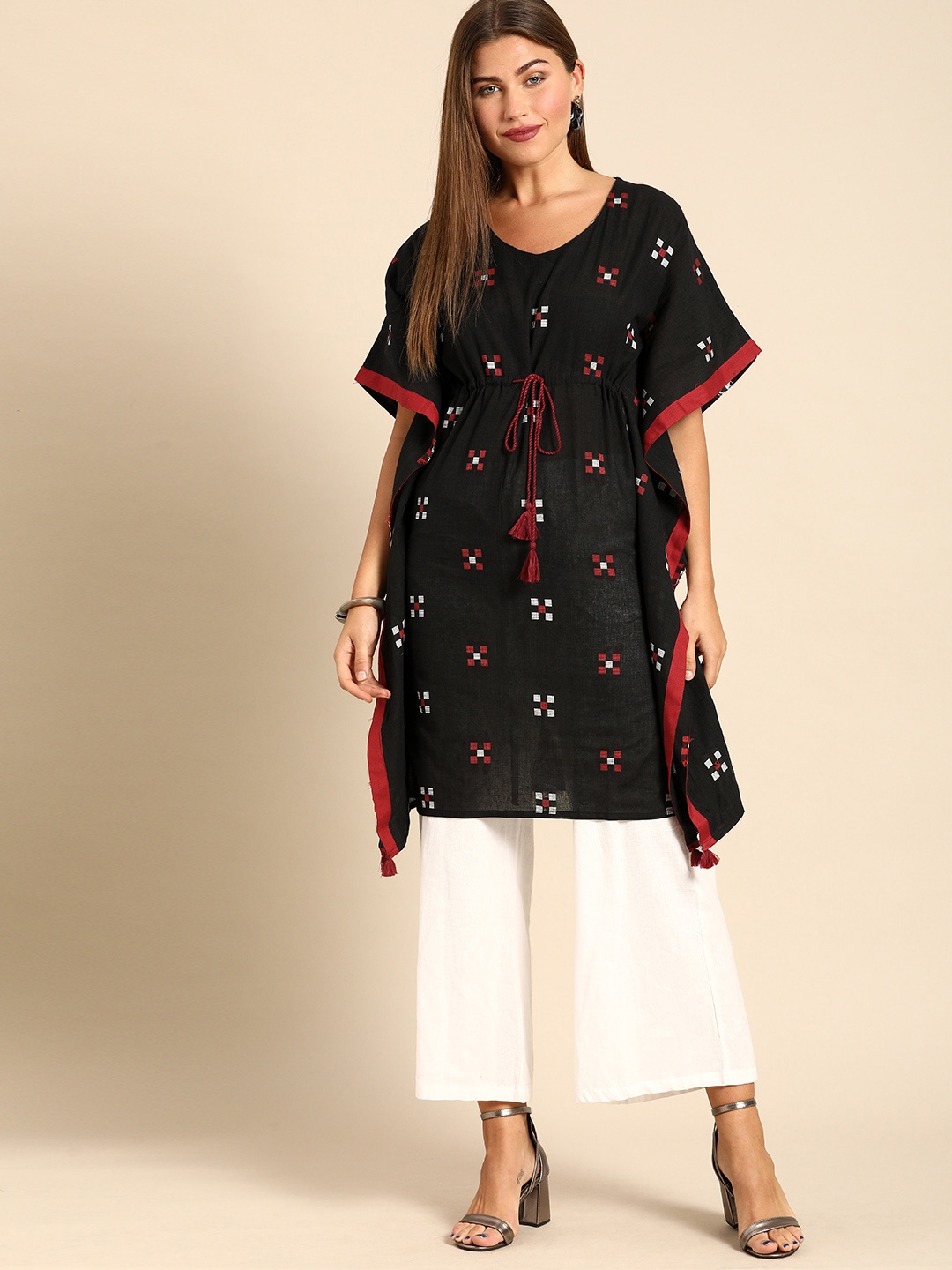 

Anouk Women Black & Red Geometric Printed Flared Sleeves Kaftan kurta