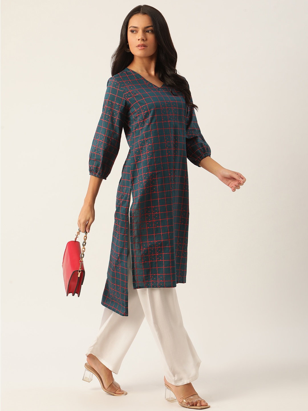 

Anouk Women Teal Blue & Red Cotton Checked Straight Kurta