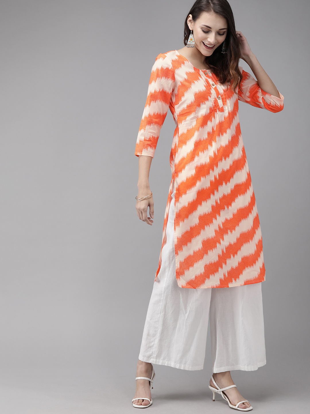 

Anouk Women Orange & Off-White Striped Front-Tucked Straight Kurta