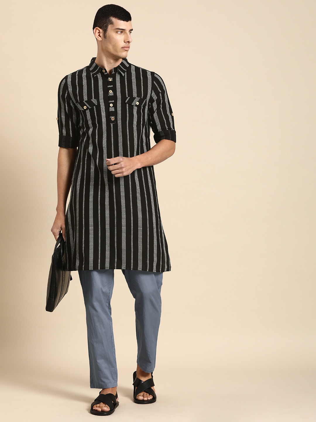 

Anouk Men Black Striped Regular Pure Cotton Kurta with Trousers