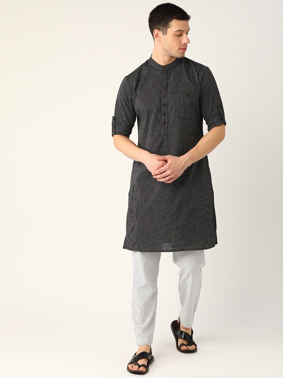 

Anouk Men Black & White Striped Kurta with Trousers