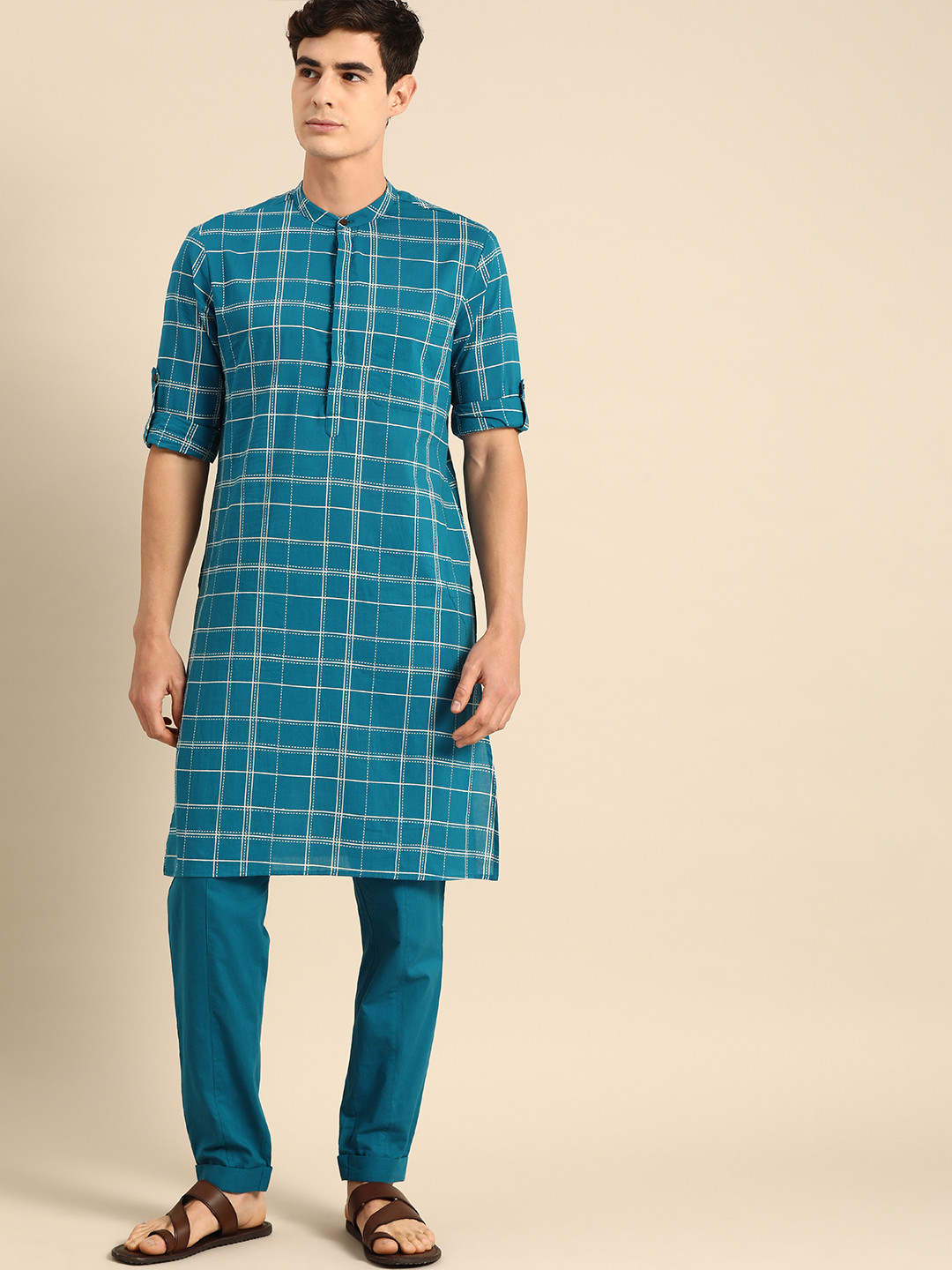

Anouk Men Teal Blue & Grey Checked Kurta with Trousers