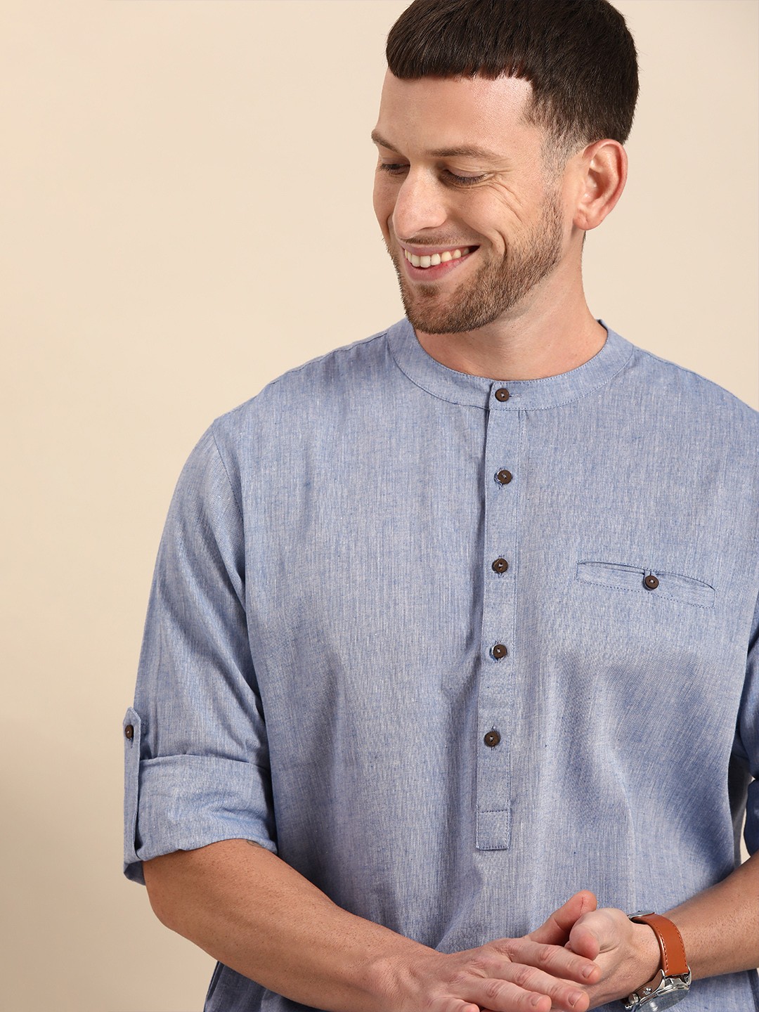 

Anouk Men Blue & Off-White Solid Kurta with Pyjamas