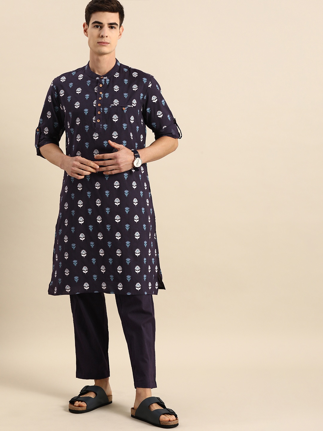 

Anouk Men Navy Blue Printed Pure Cotton Kurta with Pyjamas