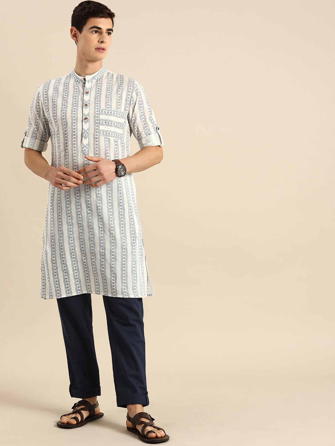 

Anouk Men White & Navy Blue Striped Kurta with Trousers