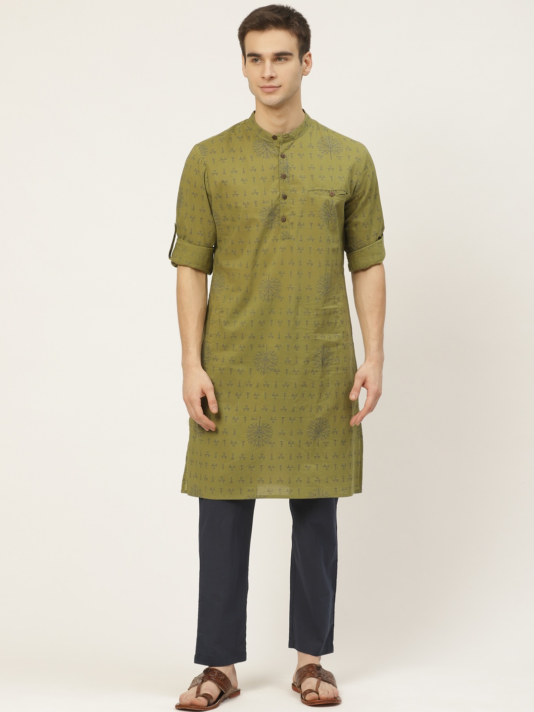 

Anouk Men Olive Green & Navy Blue Pure Cotton Printed Kurta Set