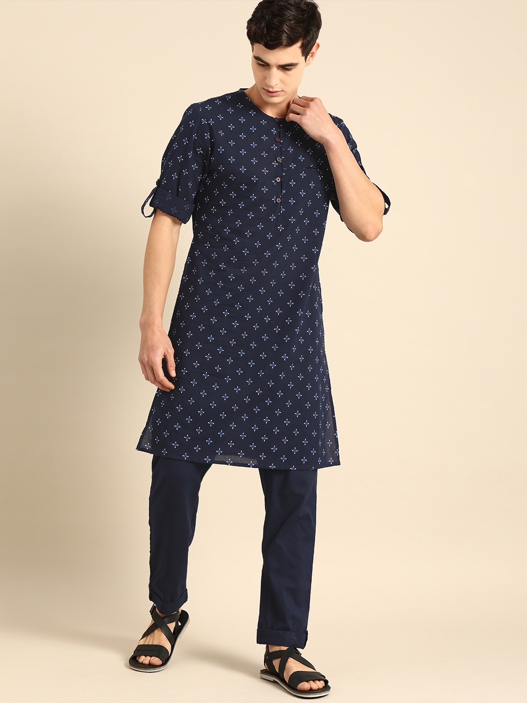 

Anouk Men Navy Blue & White Printed Kurta with Trousers