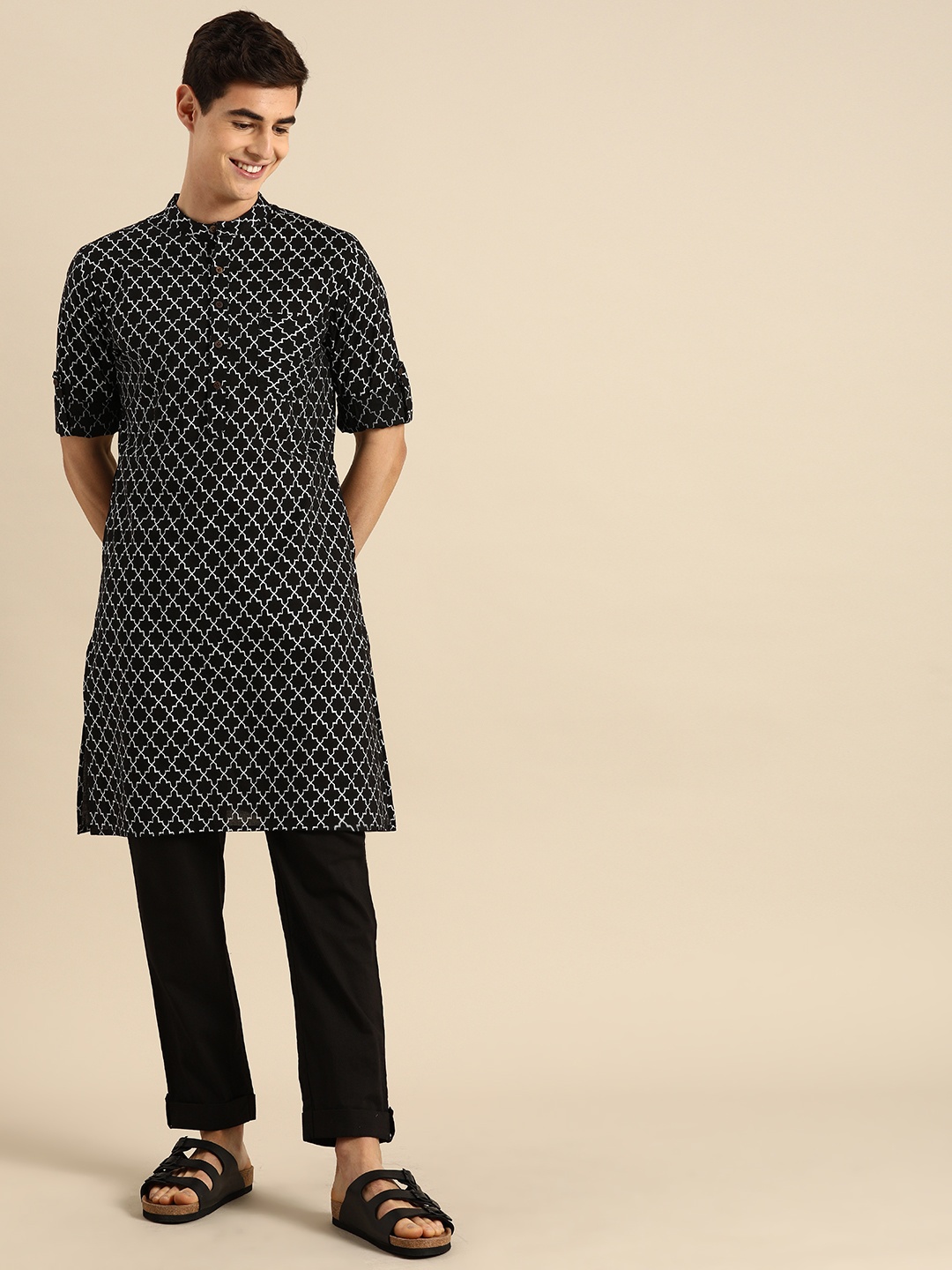 

Anouk Men Black & White Printed Kurta with Trousers