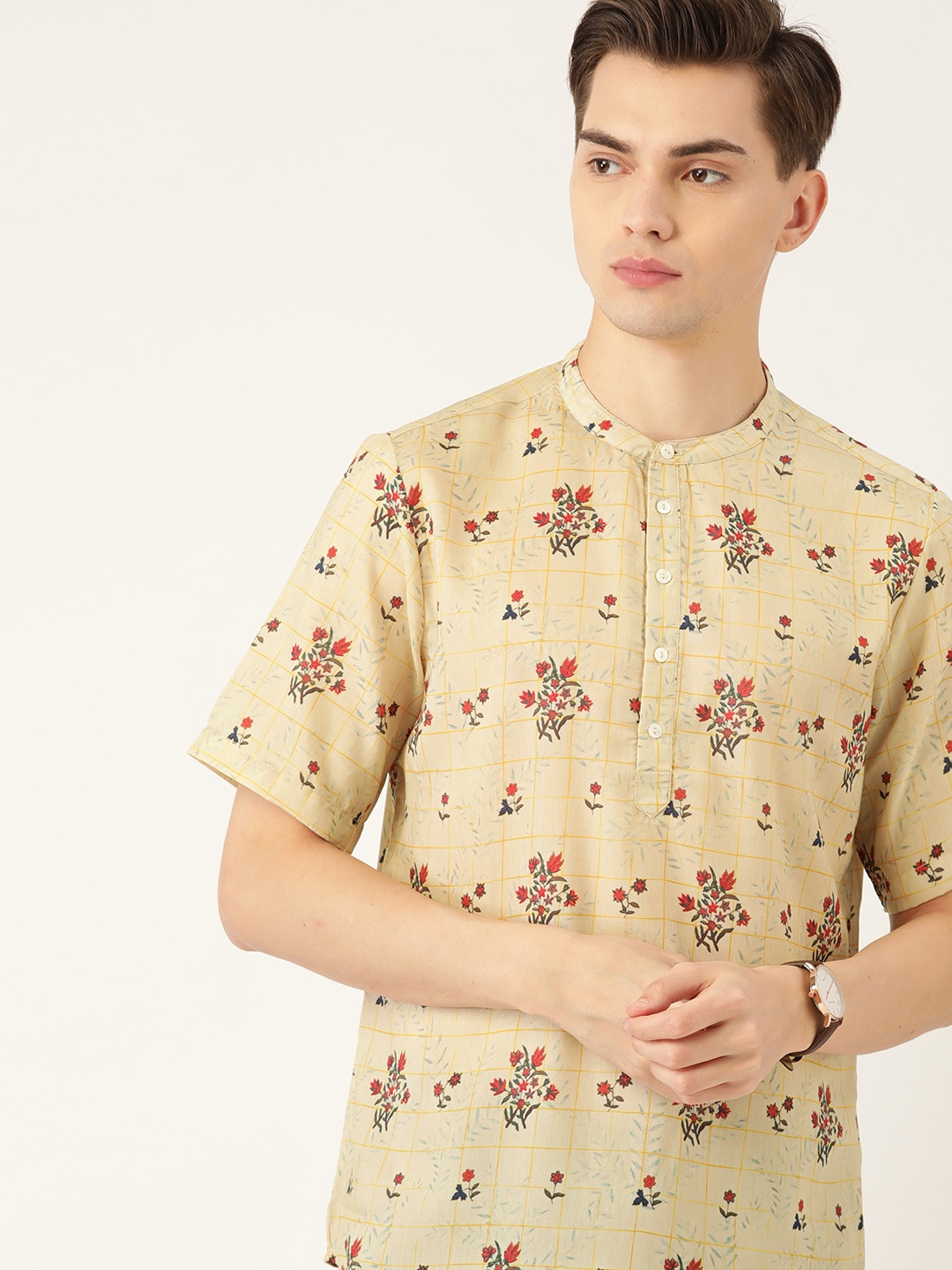 

Anouk Men Beige & Maroon Floral Printed Sustainable Kurta
