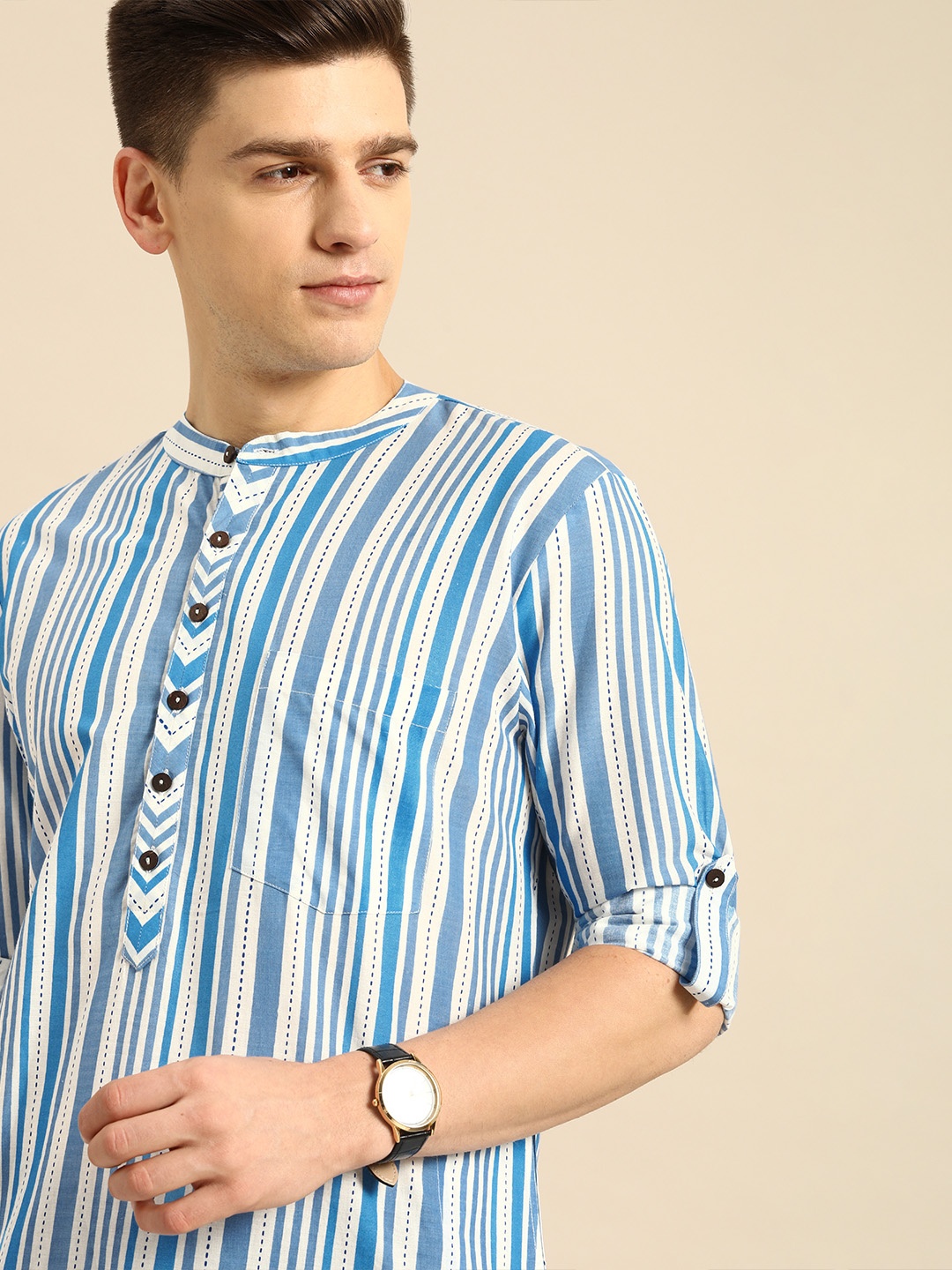 

Anouk Men Blue & White Striped Kurta