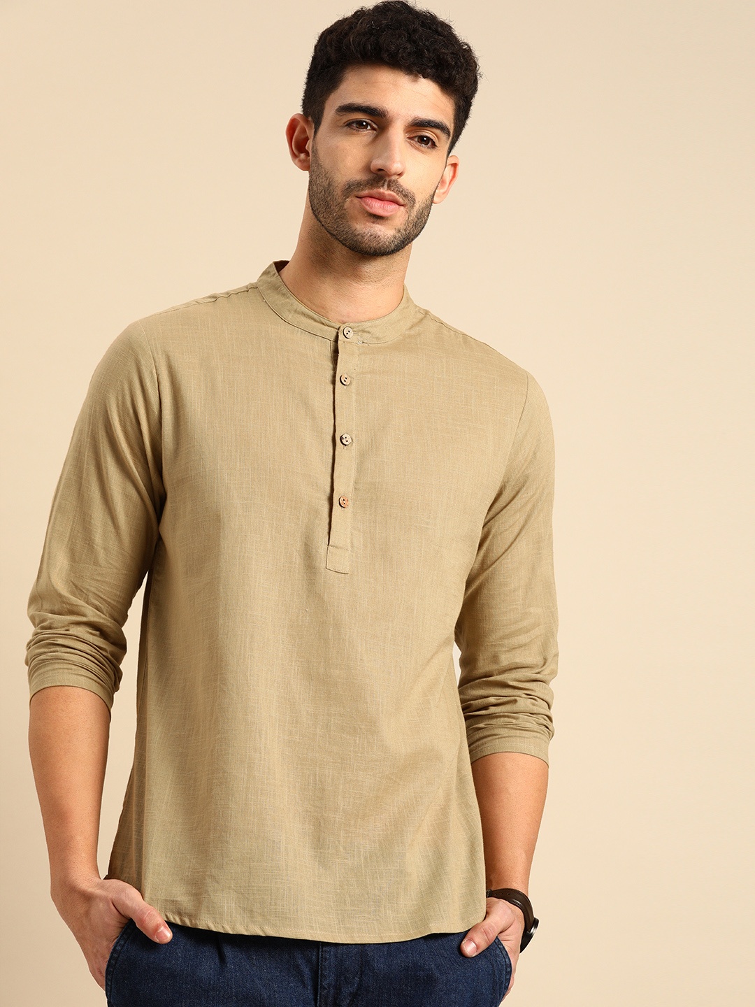 

Anouk Men Khaki Pure Cotton Daily Wear Waist Length Kurta