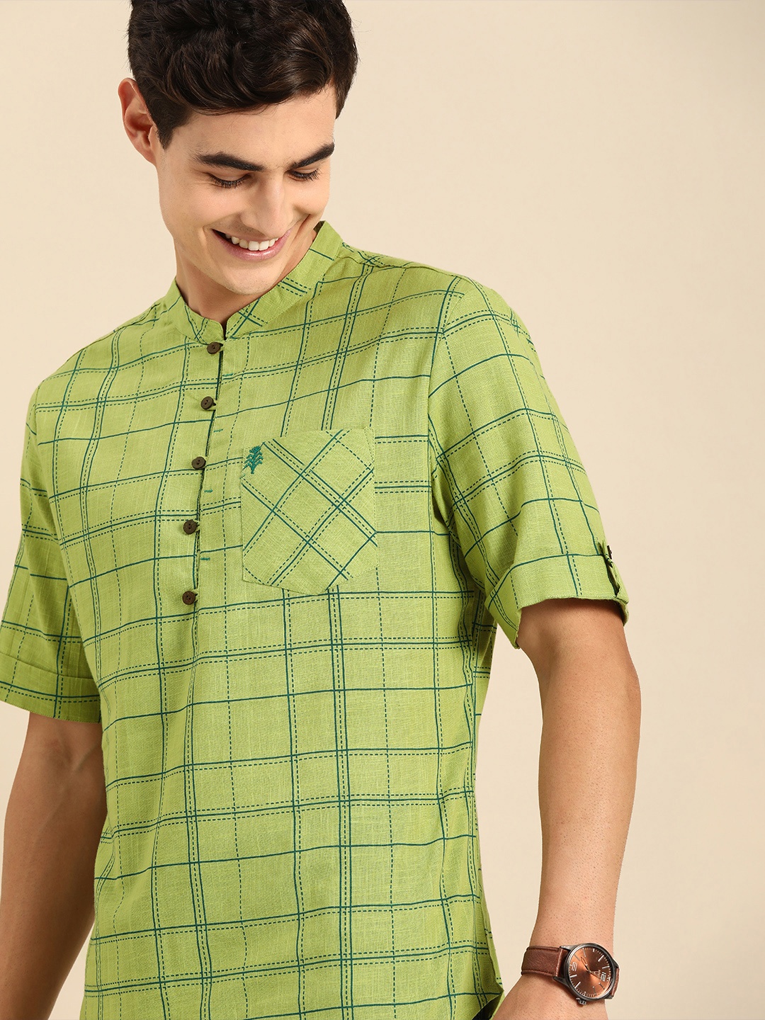 

Anouk Men Lime Green Checked Kurta