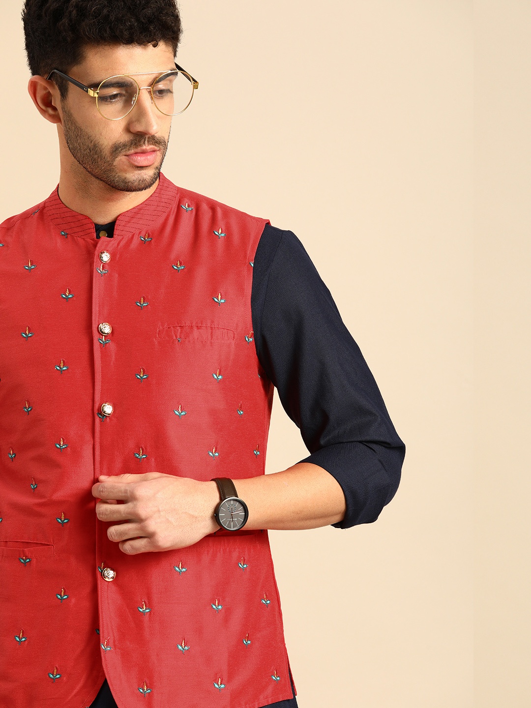 

Anouk Men Red & Blue Embroidered Nehru Jacket