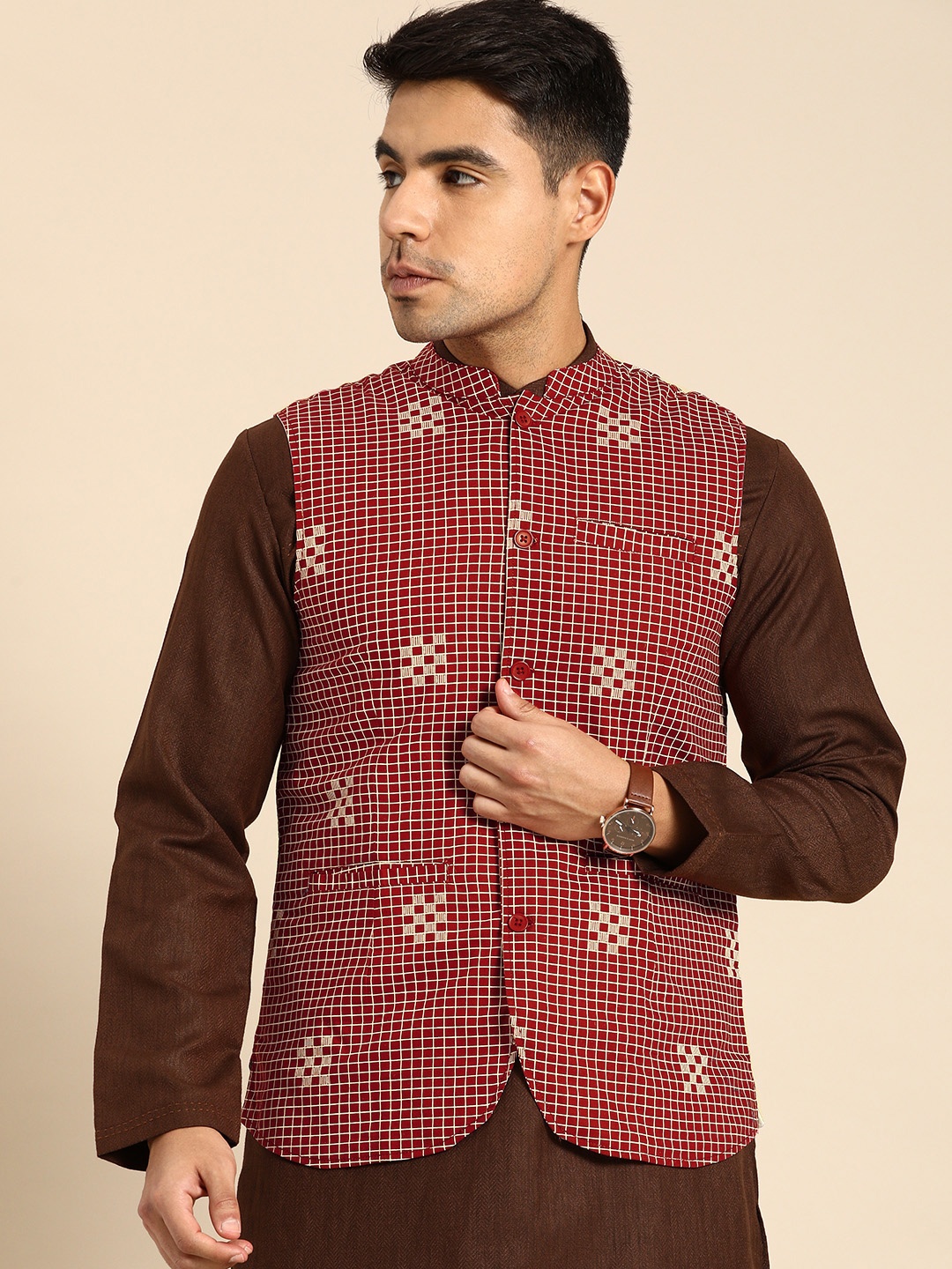 

Anouk Men Red & Off-White Checked Pure Cotton Nehru Jacket