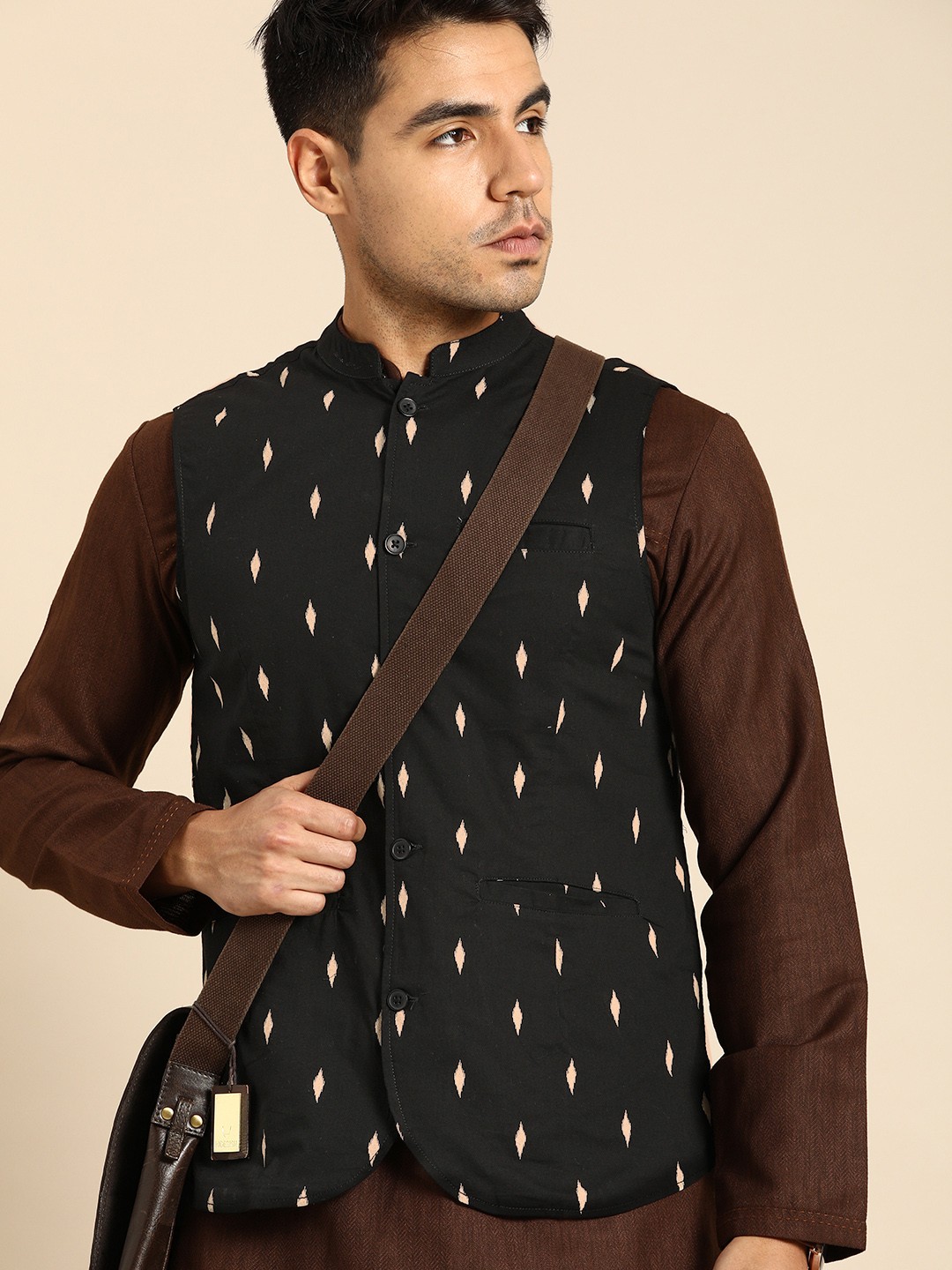 

Anouk Men Black & Beige Printed Pure Cotton Nehru Jacket