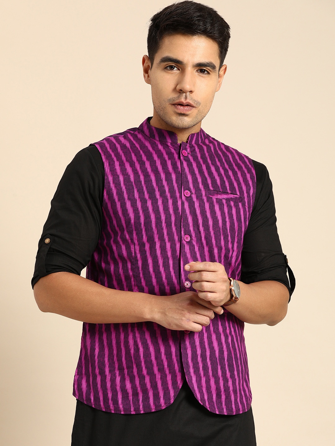 

Anouk Men Purple Striped Nehru Jacket