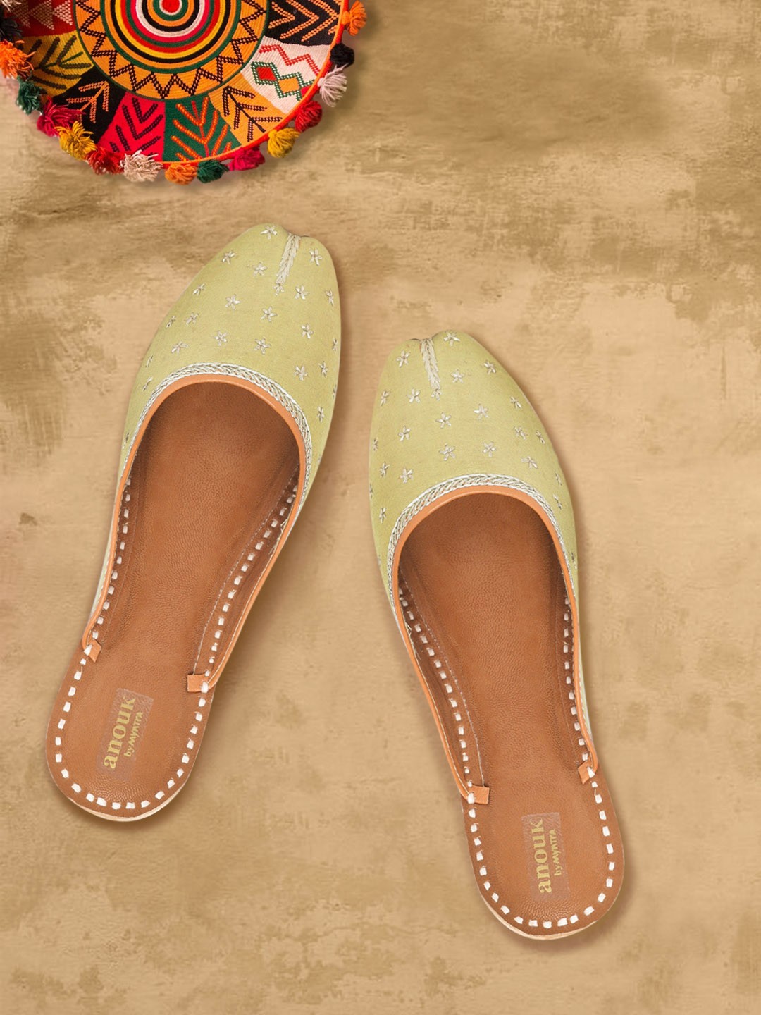 

Anouk Women Green & Muted Gold-Toned Hand-Made Embroidered Mojaris