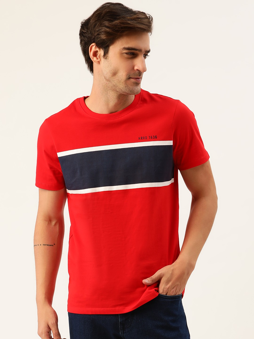

Harvard Men Red Navy Pure Cotton Colourblocked Round Neck Pure Cotton T-shirt