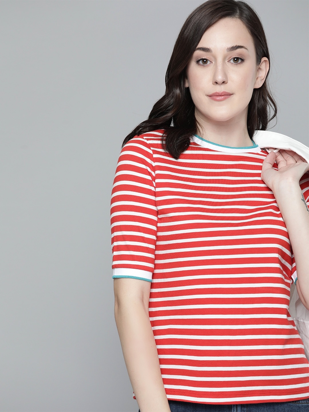 

Harvard Women Red White Striped Round Neck Pure Cotton T-shirt
