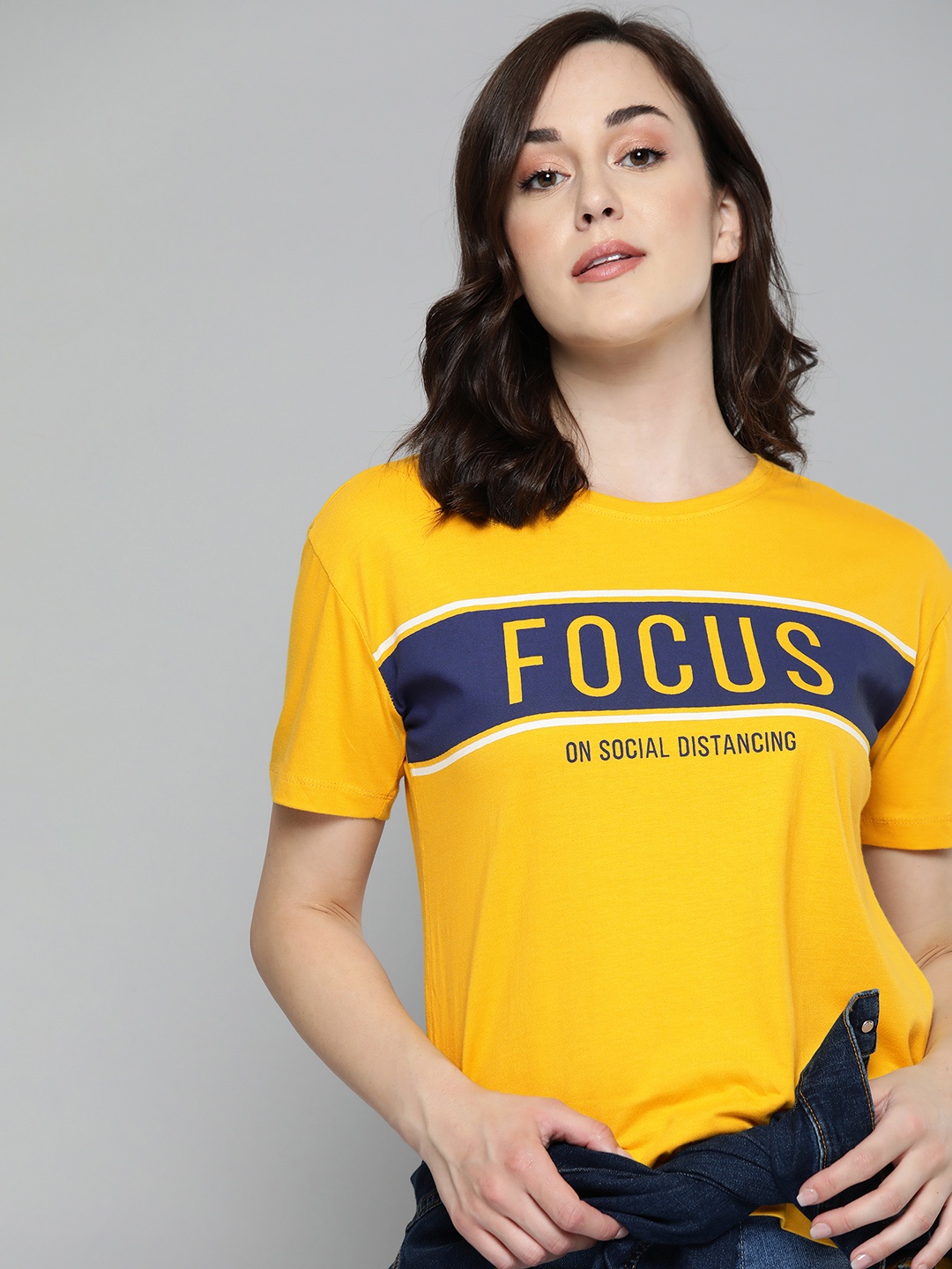 

Harvard Women Yellow & Navy Blue Printed Round Neck T-shirt
