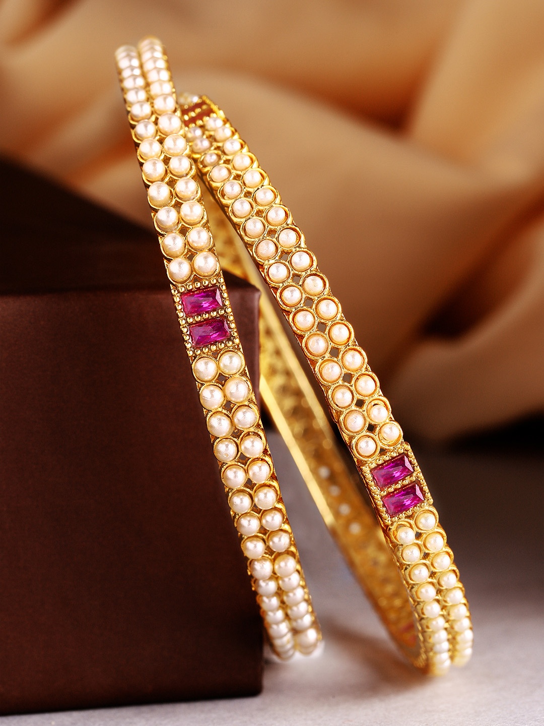 

Rubans Set Of Two Gold-Plated Pearl Studded Handcrafted Bangles