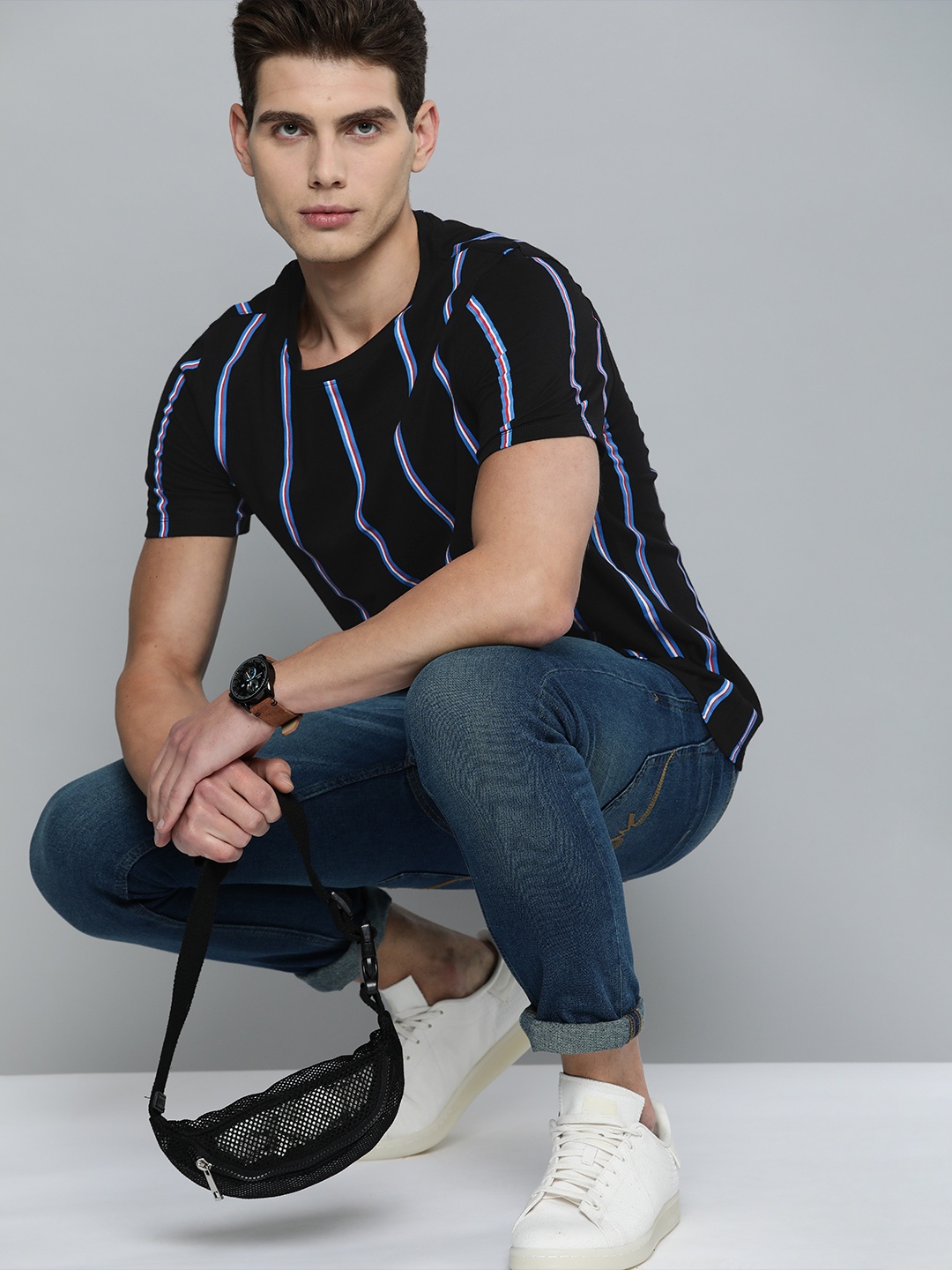 

Harvard Men Black Blue Striped Pure Cotton T-shirt