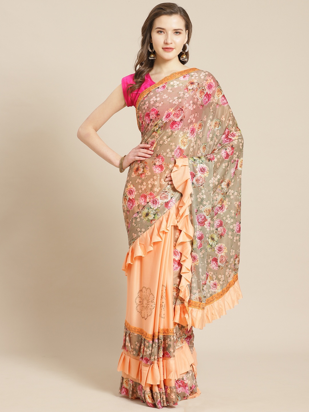 

Kalista Peach-Coloured & Grey Floral Printed Ruffled Half & Half Saree