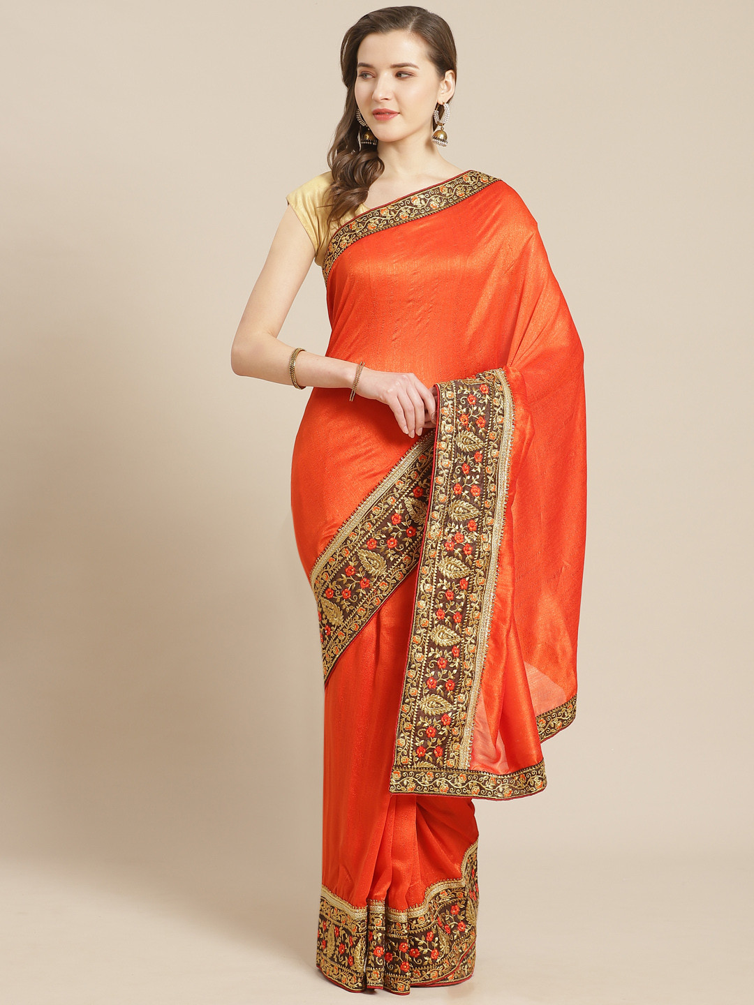 

Kalista Orange Solid Saree
