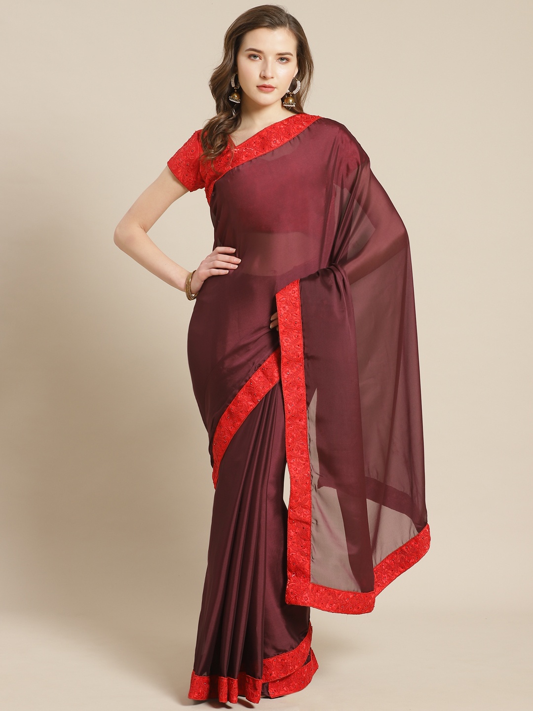 

Kalista Burgundy Solid Saree