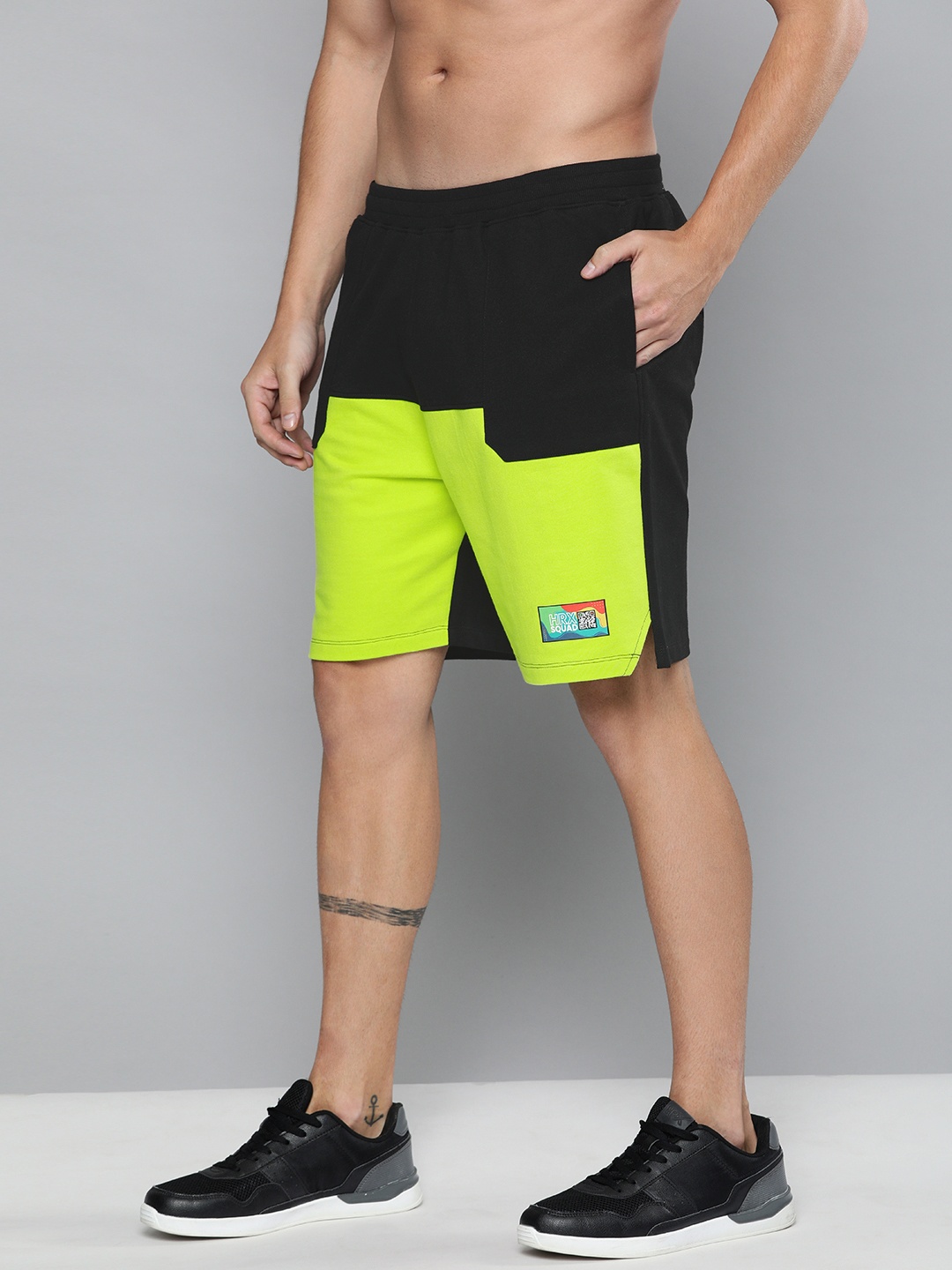 

HRX By Hrithik Roshan Men Jet Black & Wild Lime Colourblock Regular Fit Mid-Rise Bio-Wash Lifestyle Shorts