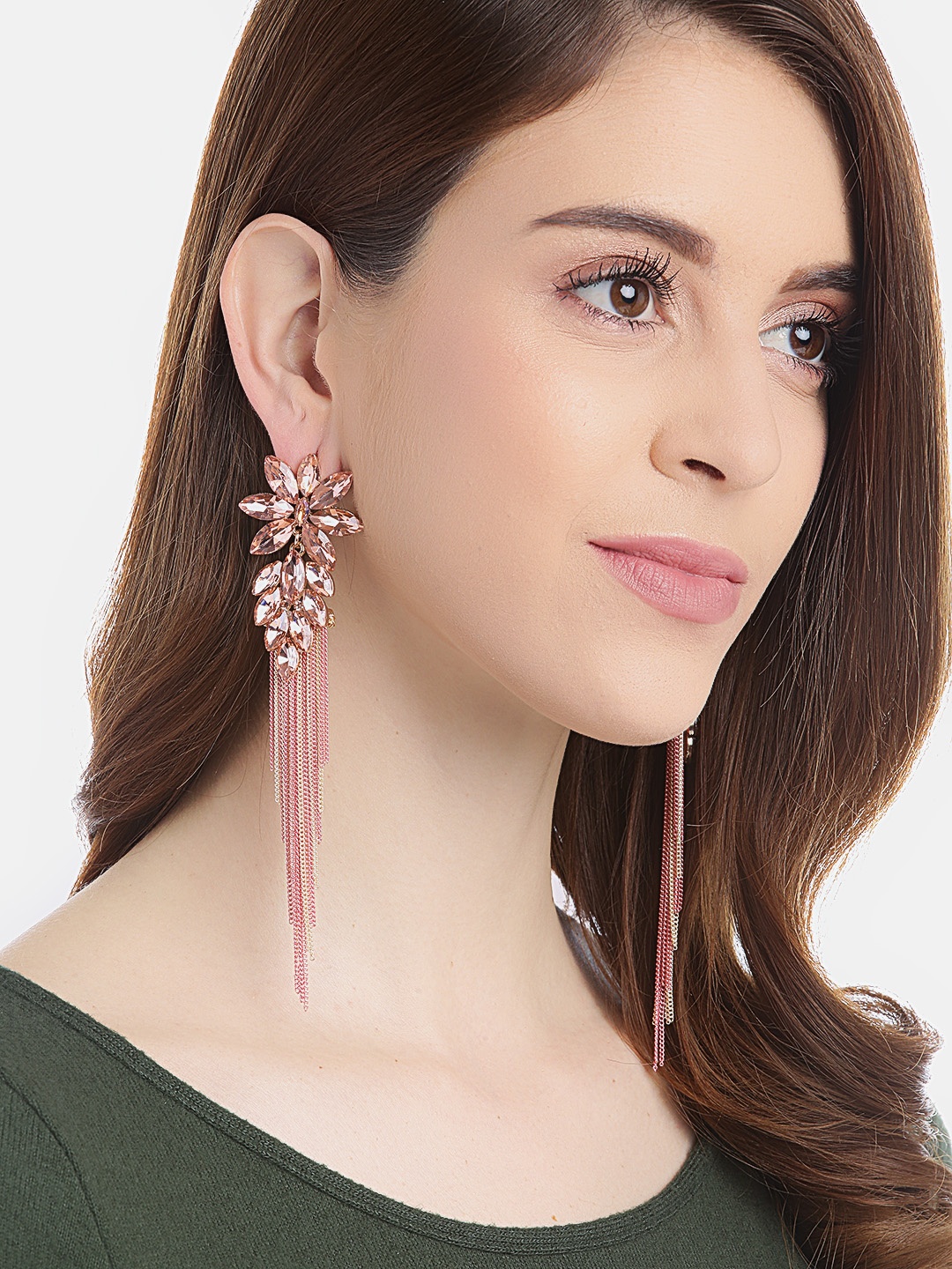 

YouBella Peach-Coloured & Gold-Toned Stone-Studded Tasselled Floral Drop Earrings