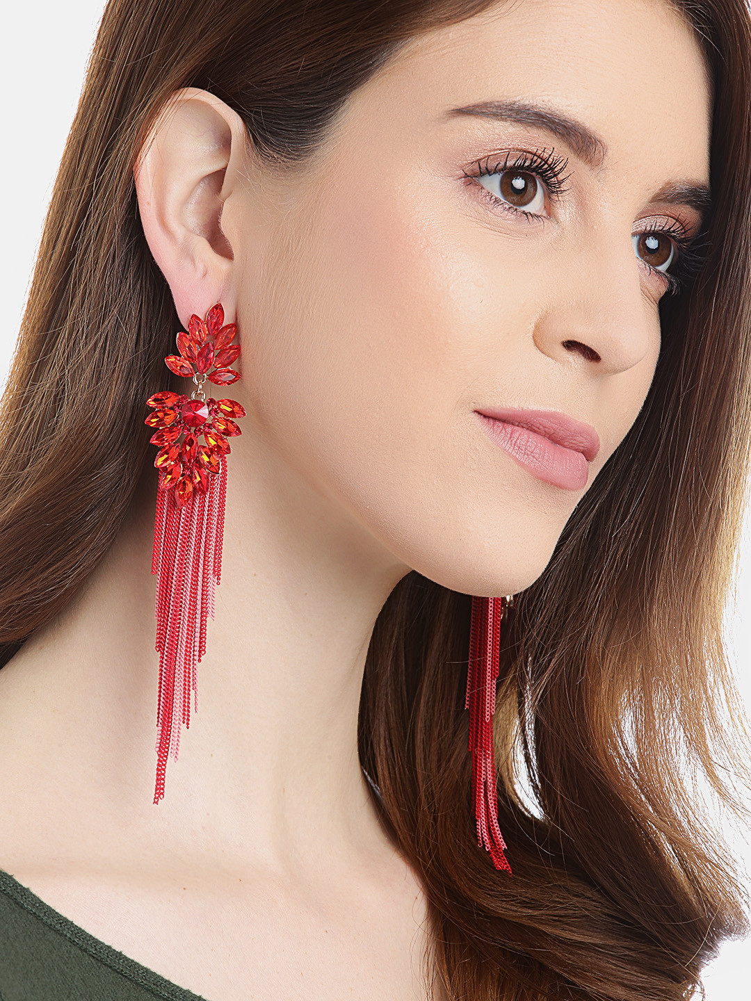 

YouBella Red & Pink Stone Studded Taselled Contemporary Drop Earrings