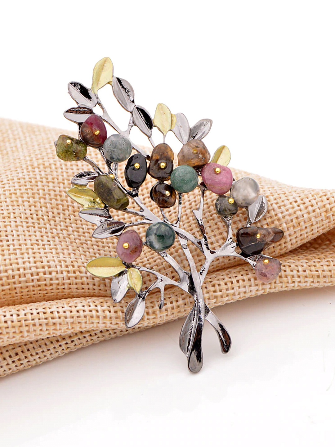 

YouBella Women Green Gunmetal-Toned Stone Studded & Beaded Branch Shaped Statement Brooch