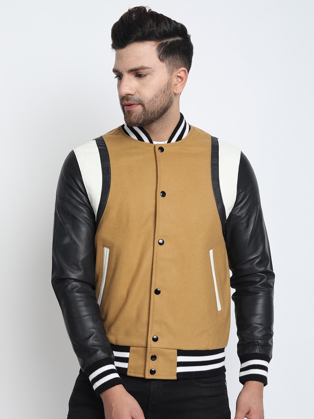 

MERLOT Men Black & Mustard Yellow Colourblocked Lightweight Varsity Jacket