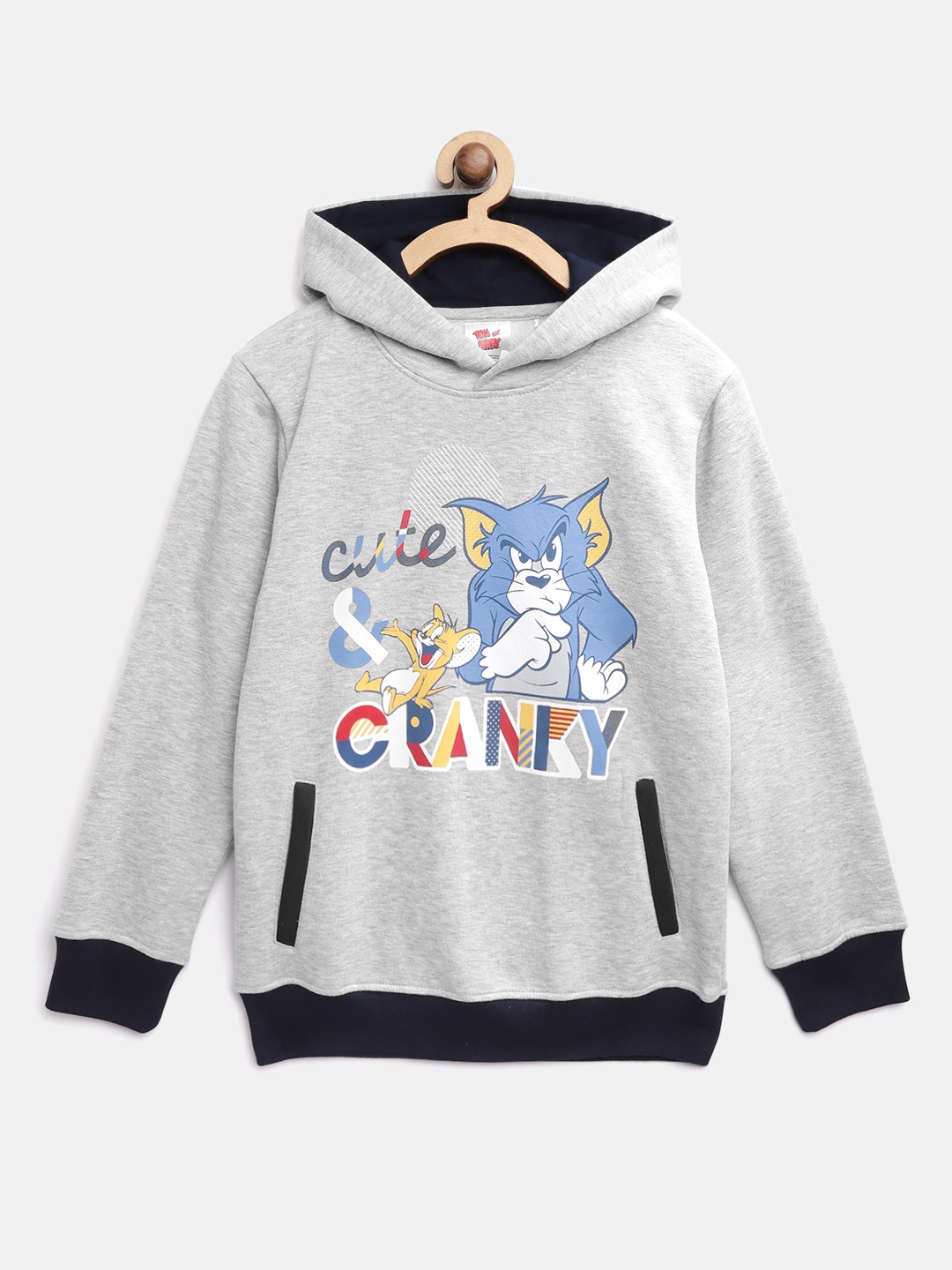 

Tom & Jerry Boys Grey Melange Printed Hooded Sweatshirt