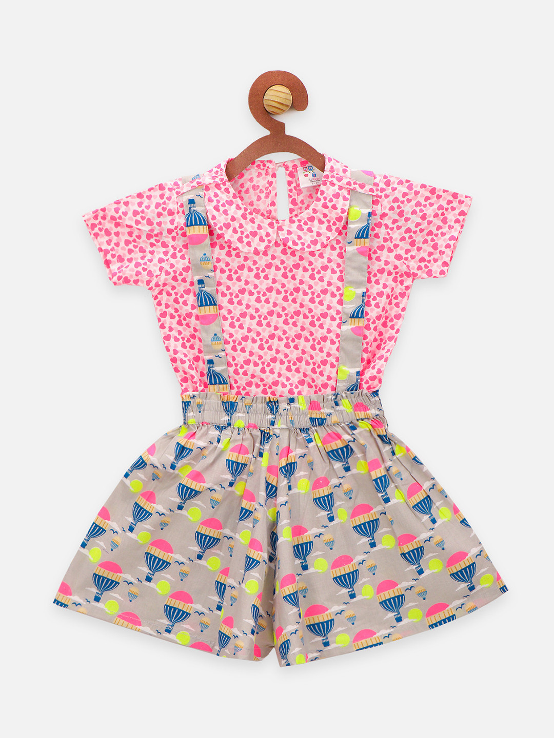 

LilPicks Girls Pink & Grey Printed Dungaree Skirt Set