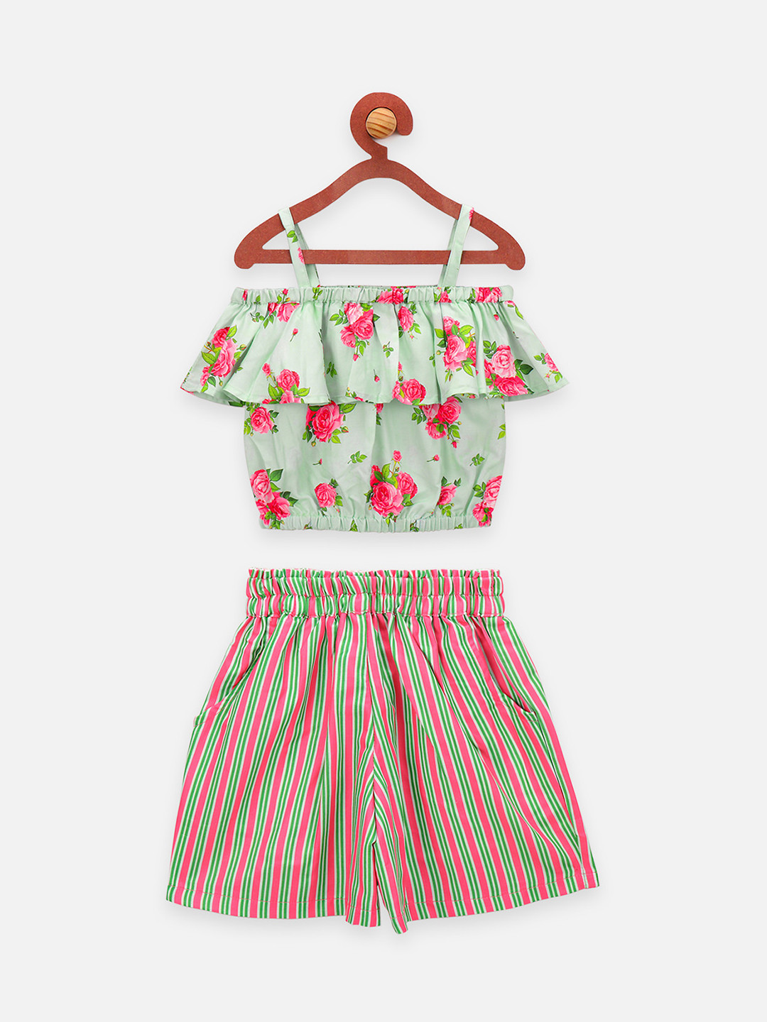 

LilPicks Girls Green & Pink Printed Top With Shorts