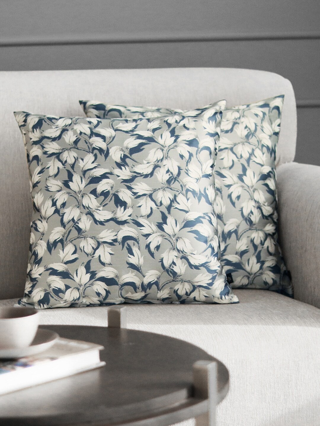 

GM Grey & Teal Blue Set of 2 Woven Leaf Design Square Cushion Covers
