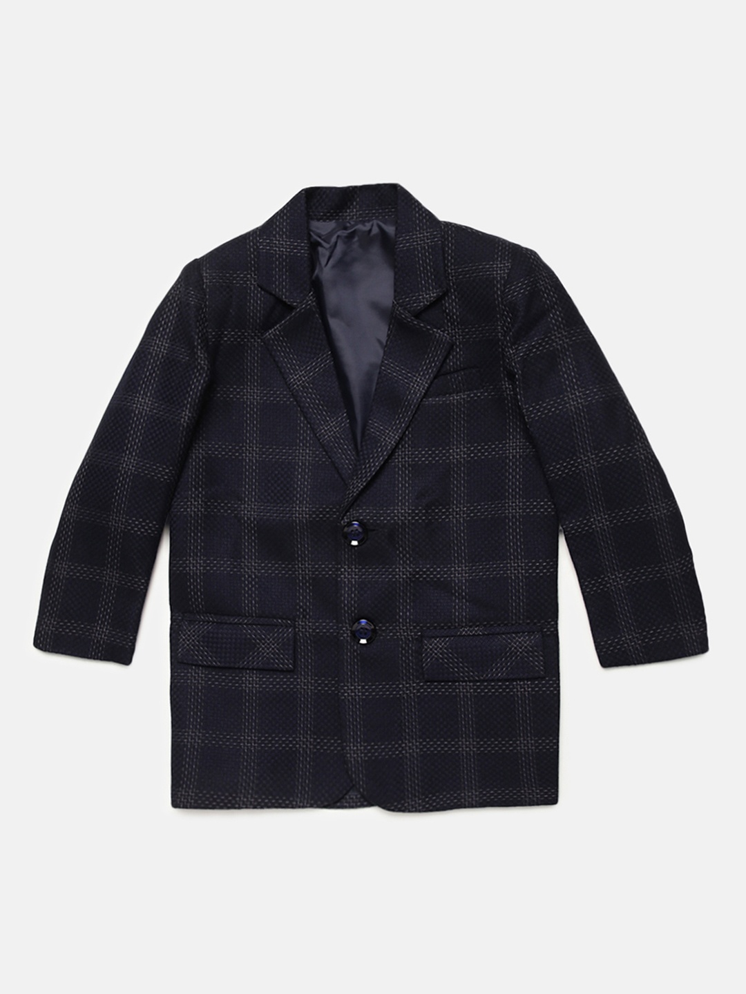 

Blue Giraffe Boys Navy Blue & Grey Checked Single-Breasted Blazer