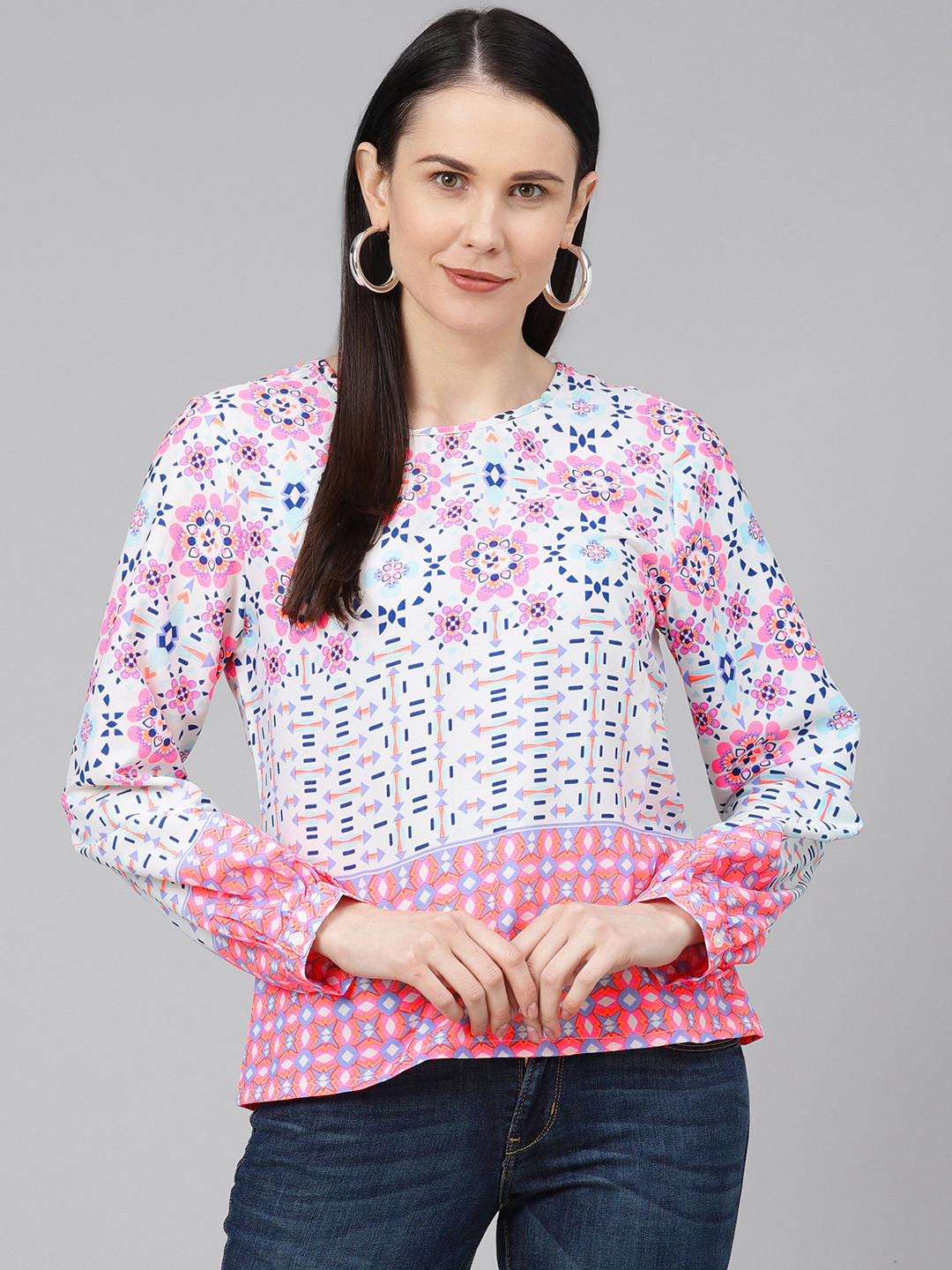 

Provogue Women White & Pink Printed Top