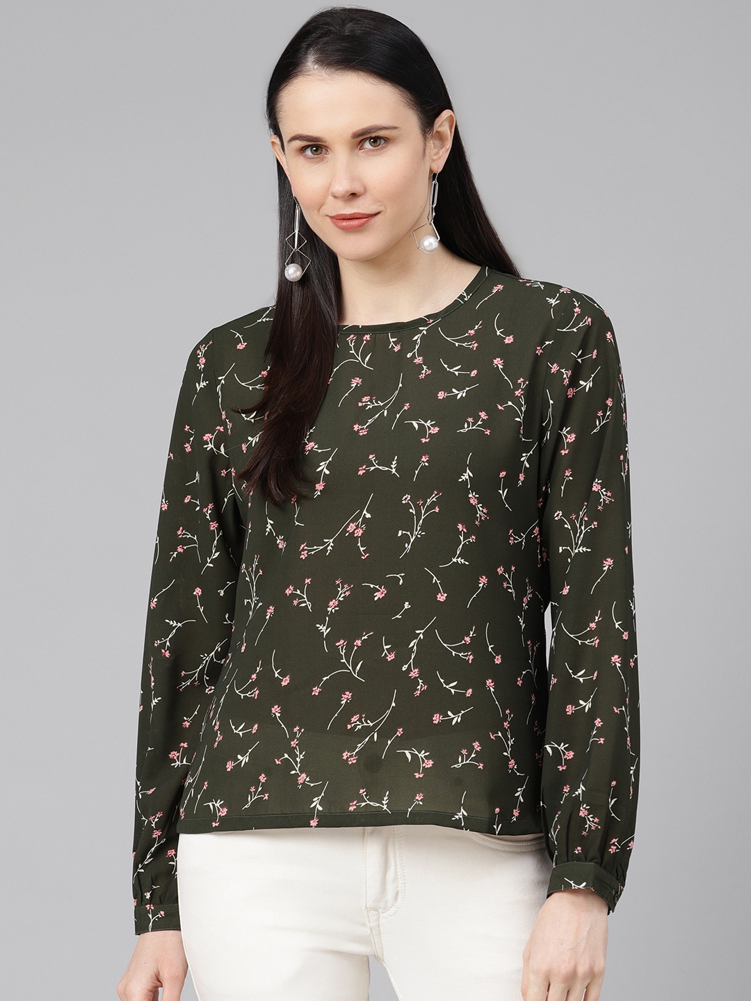 

Provogue Women Olive Green & Pink Floral Printed Top