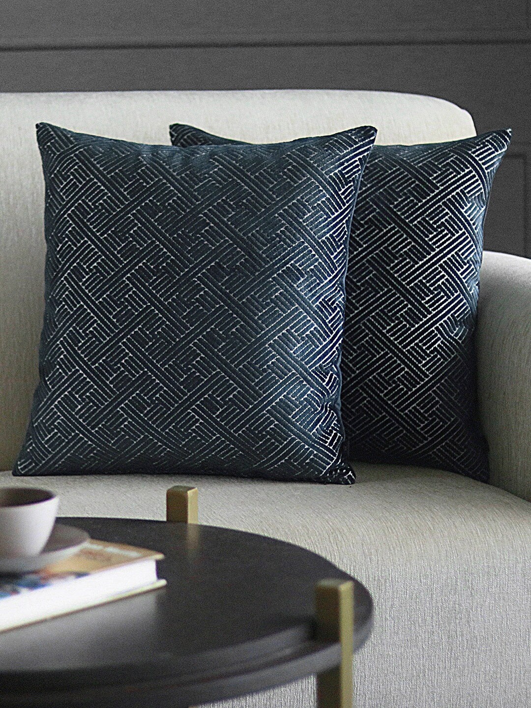 

GM Set Of 2 Navy Blue Woven Design Square Cushion Covers