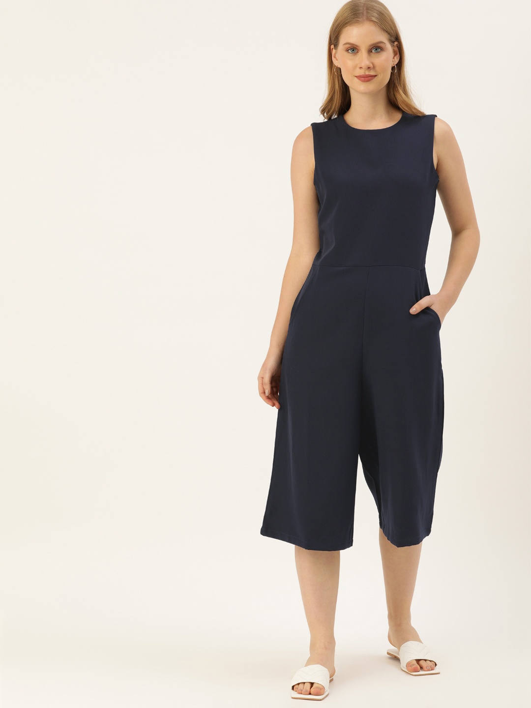 

AND Women Navy Blue Solid Basic Jumpsuit