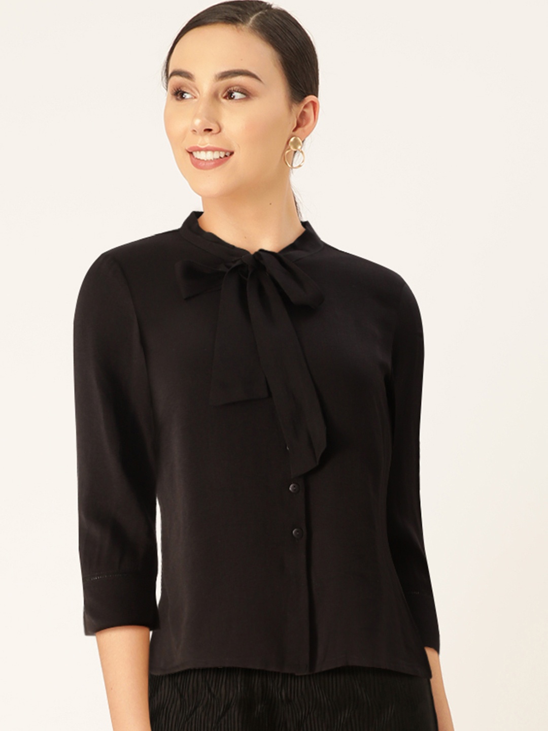 

AND Women Black Solid Shirt Style Top with Tie-Up Neck