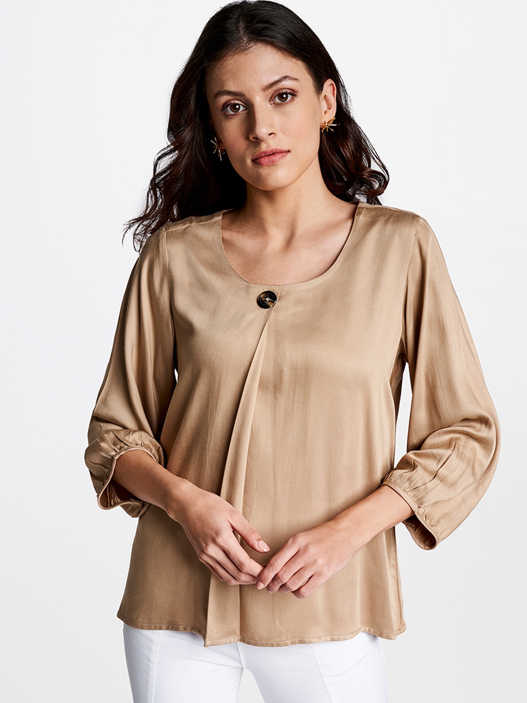 

AND Women Beige Solid Puff Sleeves Pleated Regular Top