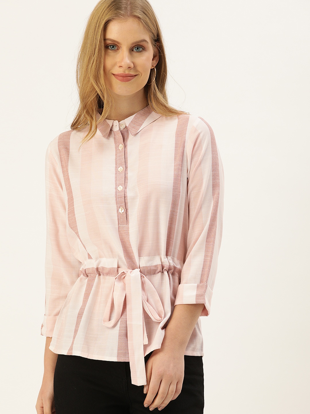 

AND Women Pink & White Striped Cinched Waist Top
