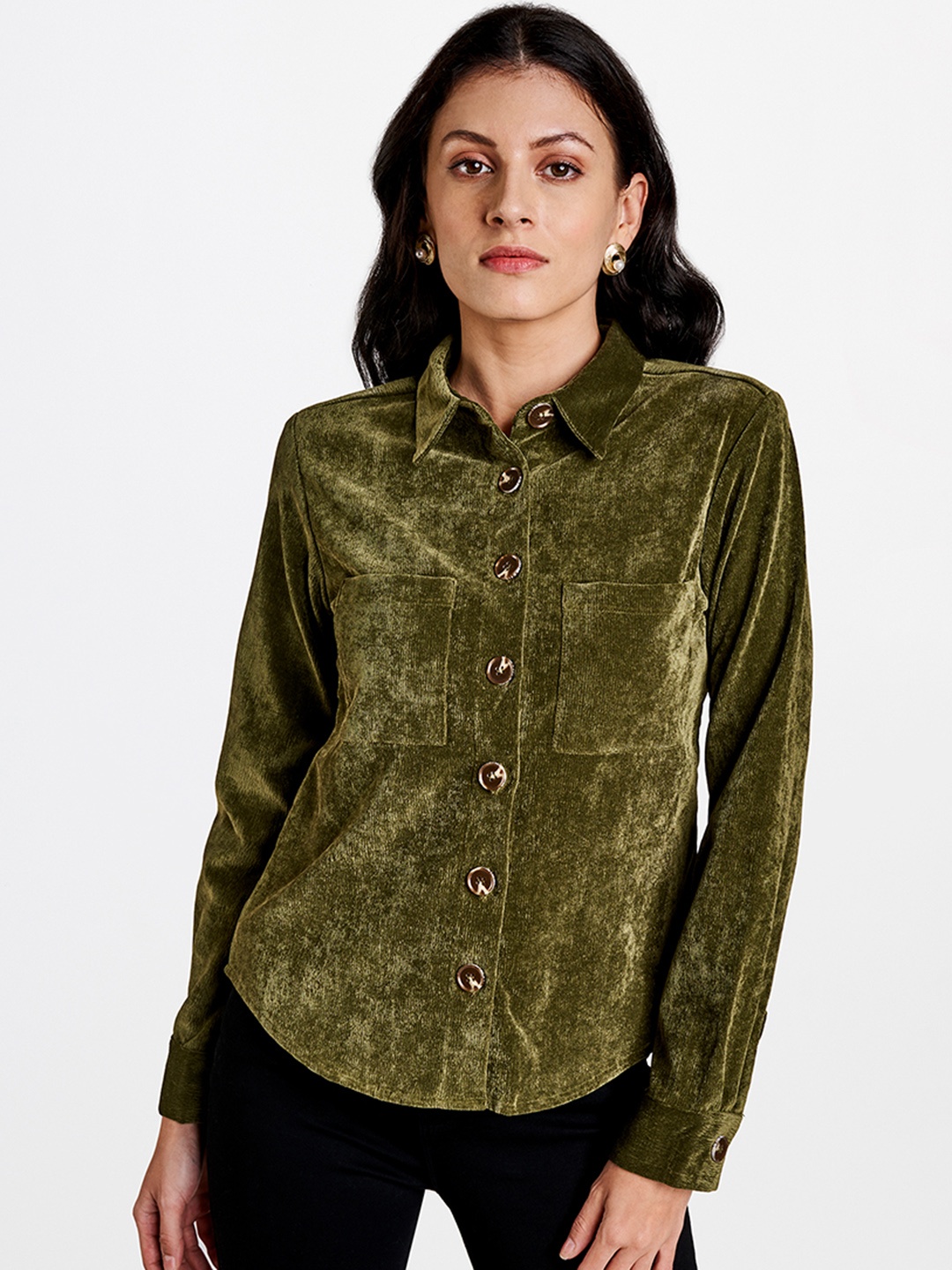 

AND Women Olive Green Casual Corduroy Shirt