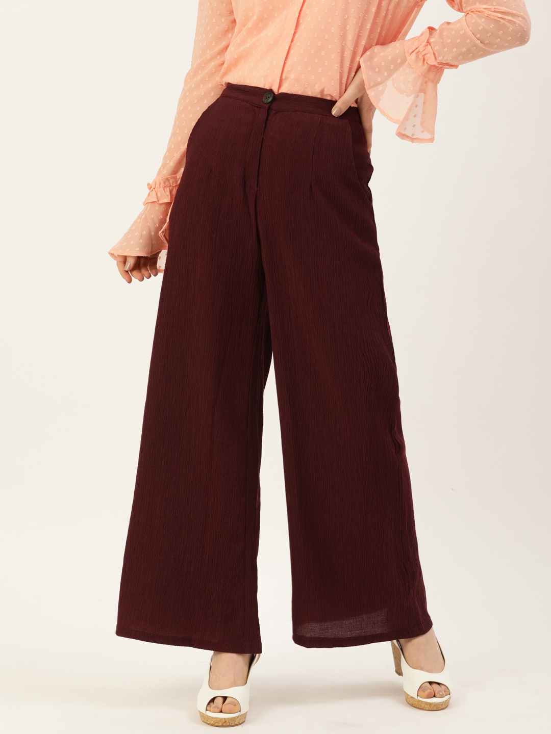 

AND Women Burgundy Regular Fit Self Design Parallel Trousers
